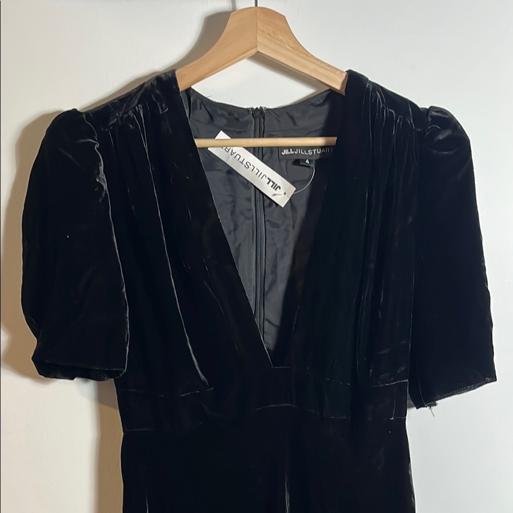 Jill Stuart Elegant Black Long Short Sleeve Velvet Dress - Picture 3 of 7